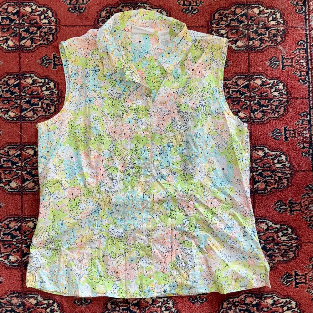 Liz Claiborne Petites 12P Soft‎ Floral Print Sleeveless 100% Cotton Blouse MINT!
